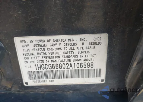 2002 Honda Accord 2.3 Ex/2.3 Se из США, поврежденный, VIN 1HGCG66802A106598